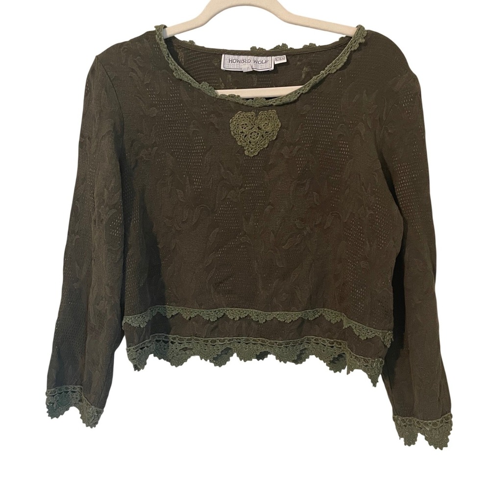 Howard Wolf Vtg Green Crochet Accent Top Size 6 Forest Fairy Grunge Goblincore